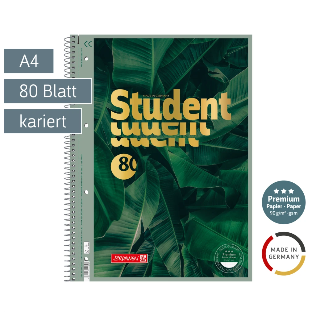 Collegeblock Premium Student „Jungle“ | A4, Lineatur 28, 80 Blatt, grün/gold