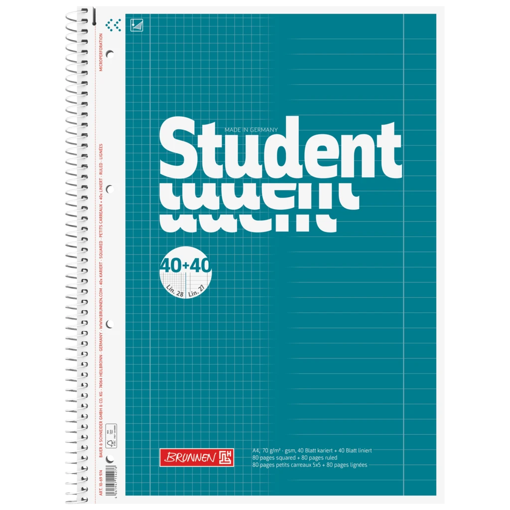 Collegeblock Student „DUO“ | A4, kariert/liniert, 80 Blatt, petrol