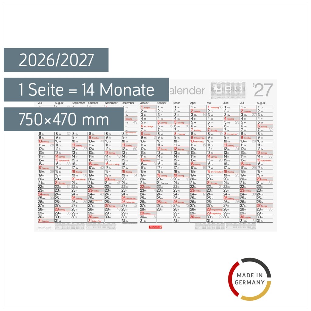 Schuljahreskalender 2026/2027 abwischbar | 750×470 mm