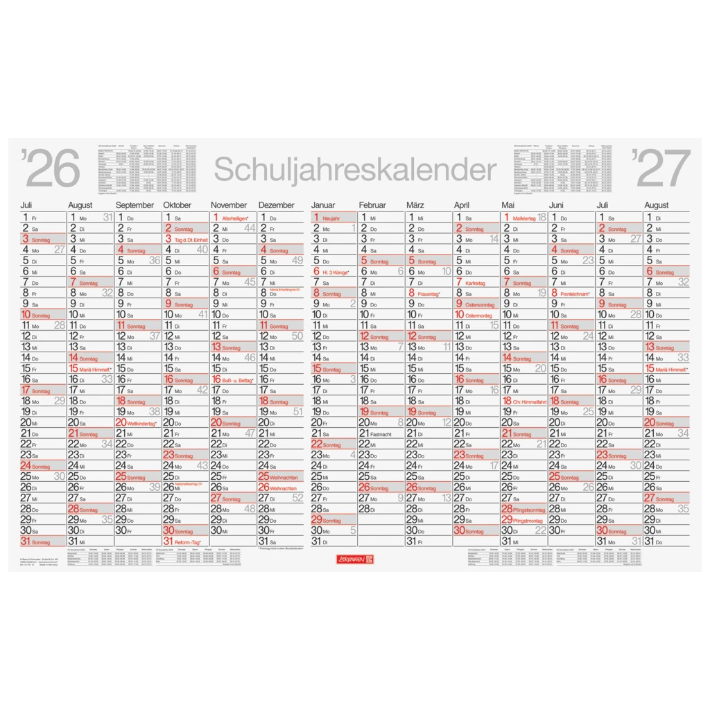 Schuljahreskalender 2026/2027 abwischbar | 75×47 cm