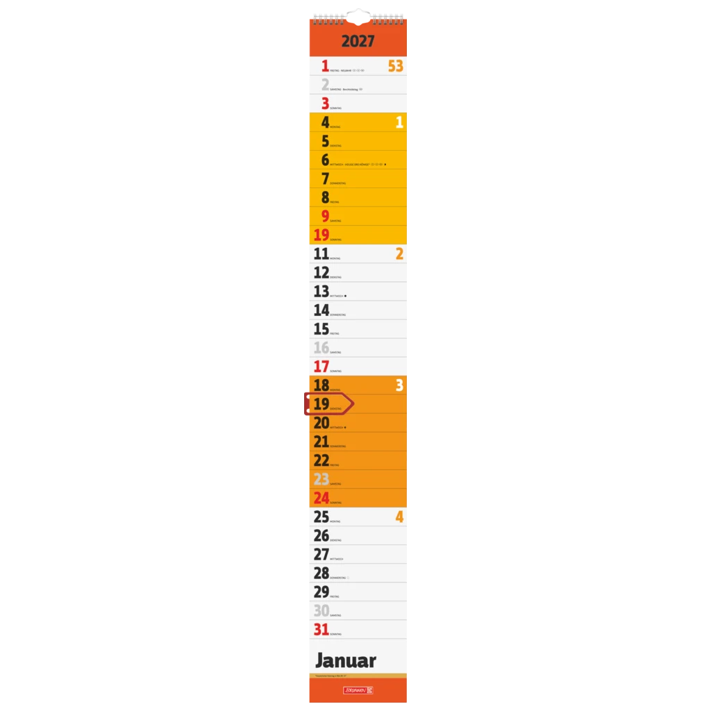 Streifenkalender 2027 | 130×910 mm, rot