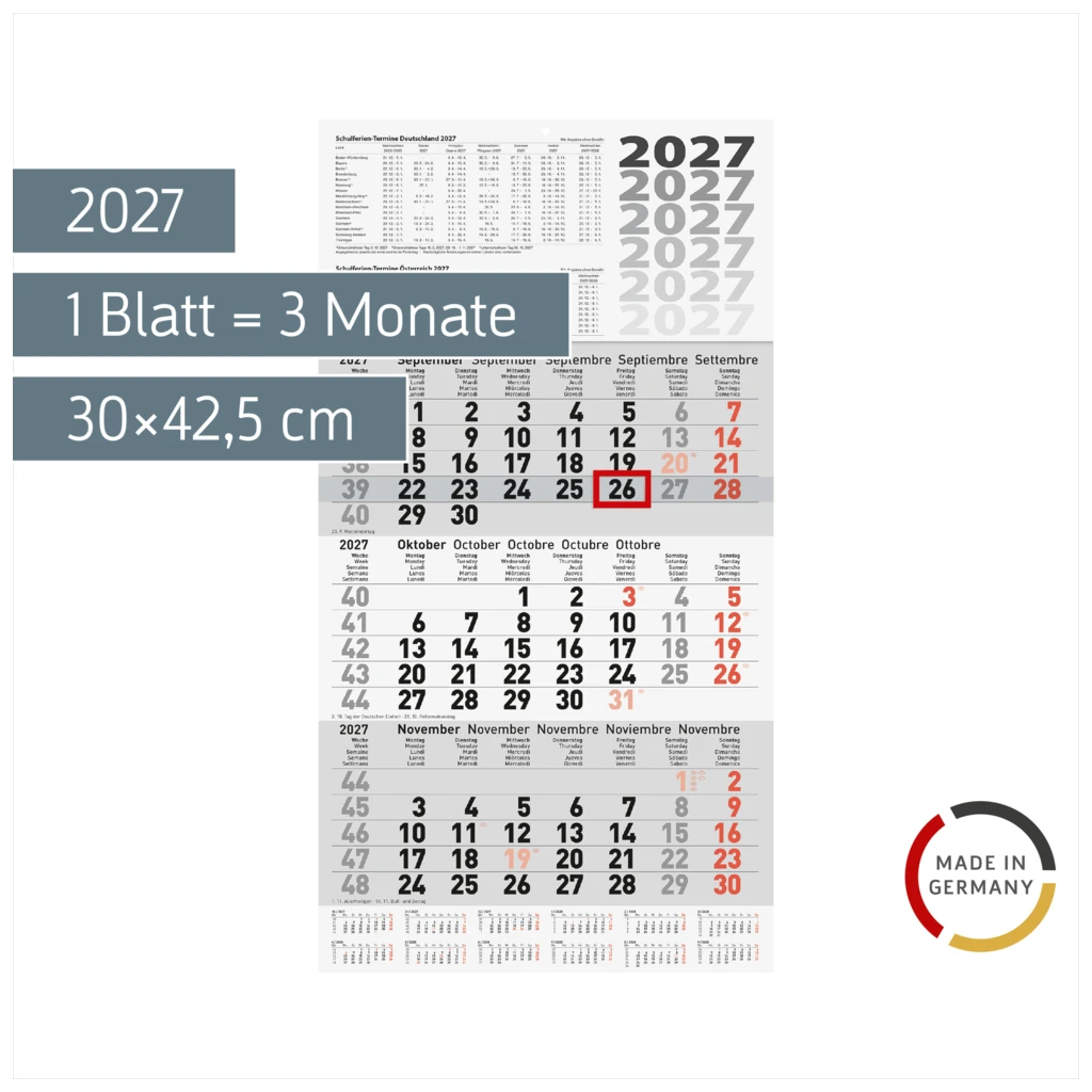 3-Monatskalender 2027 | grau, 30×56 cm