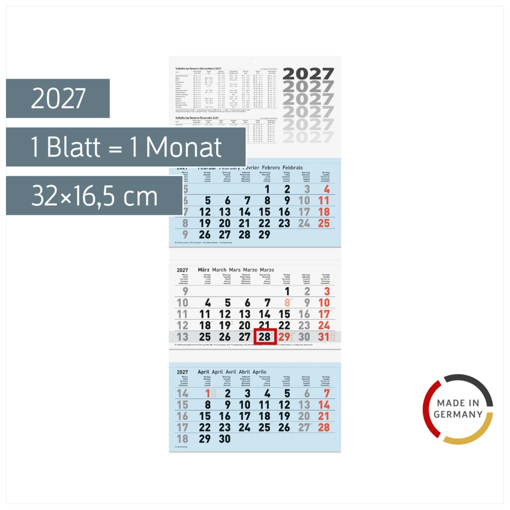 3-Monatskalender 2027 | blau, 32×74 cm