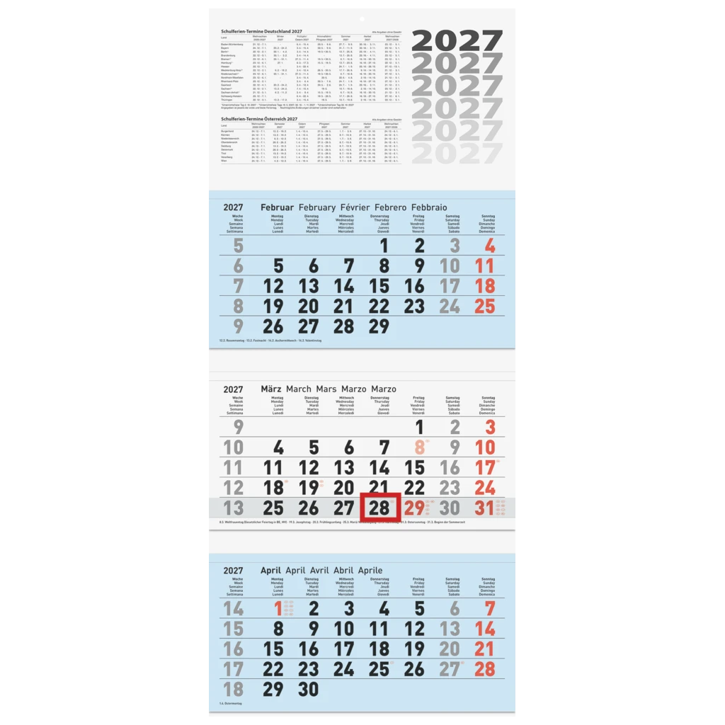 3-Monatskalender 2027 | blau, 32×74 cm