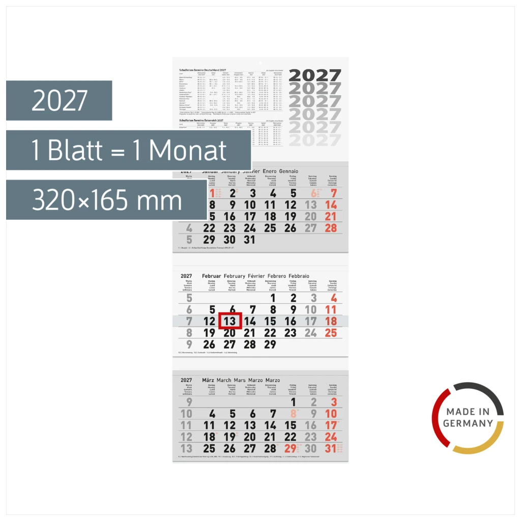 3-Monatskalender 2027 | grau, 320×740 mm