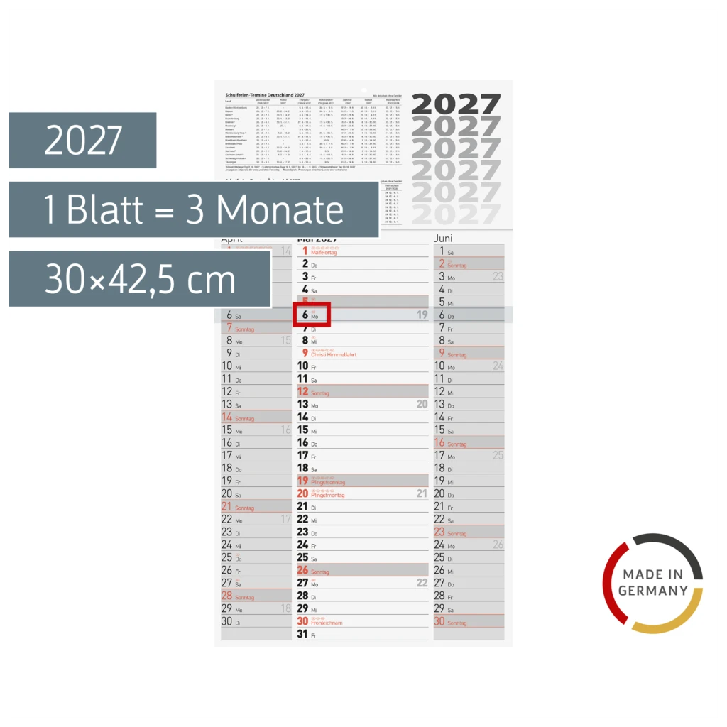 3-Monatskalender 2027 | grau, 30×56 cm