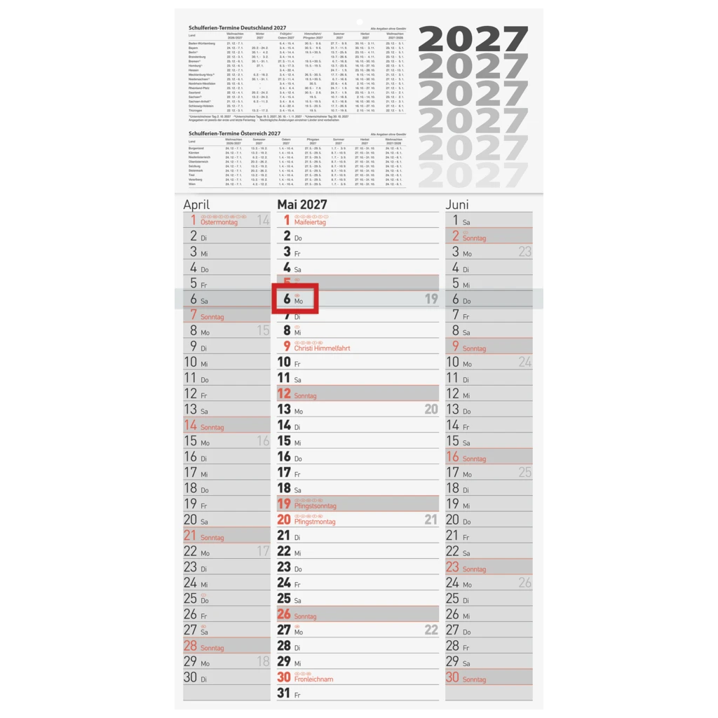 3-Monatskalender 2027 | grau, 30×56 cm