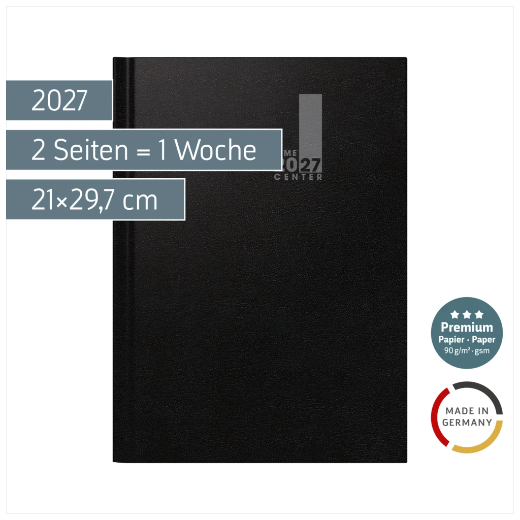 Buchkalender Premium TimeCenter Mod. 724 2027 | A4, Kunststoff, schwarz