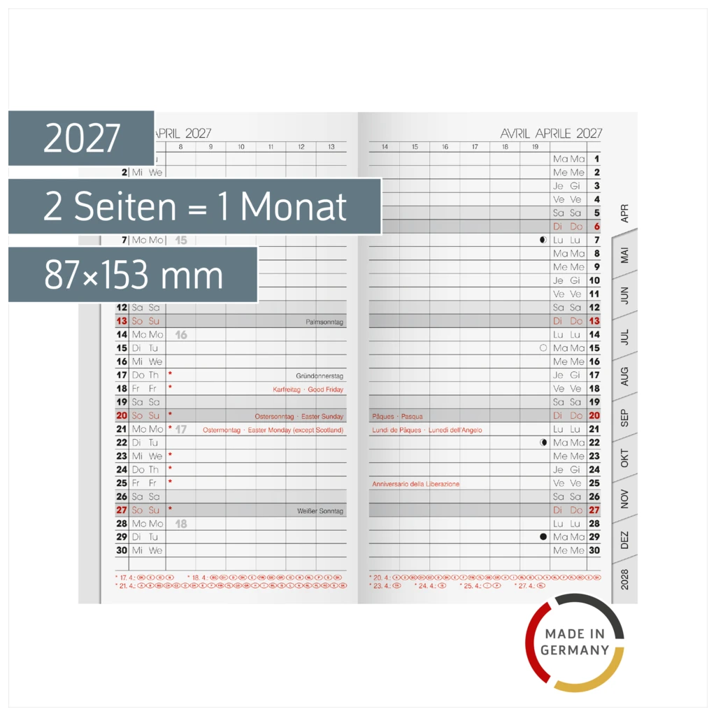 Monats-Ersatzkalendarium Mod. 751 2027 | 87×153 mm, Karton, weiß