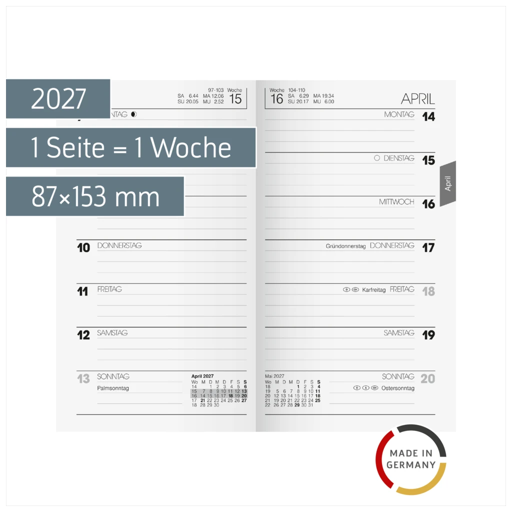 Wochen-Ersatzkalendarium Mod. 758 2027 | 87×153 mm, Karton, weiß