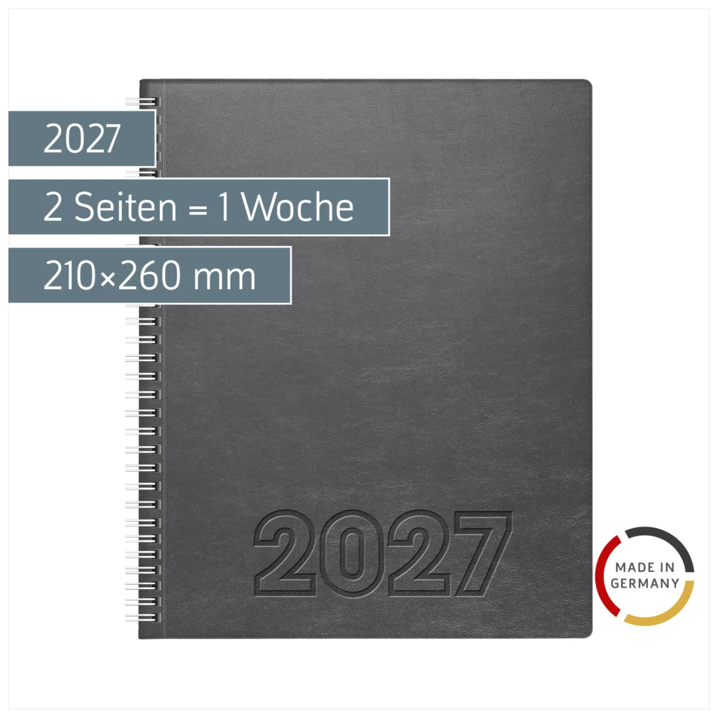 Buchkalender Mod. Manager Wt 7 weektimer 2027 | 210×260 mm, Kunstleder, grau