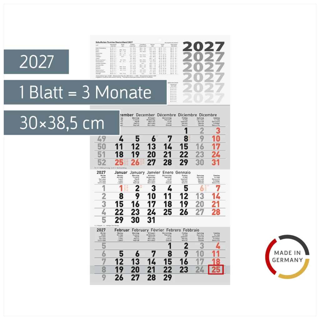 3-Monatskalender 2027 | 30×52 cm