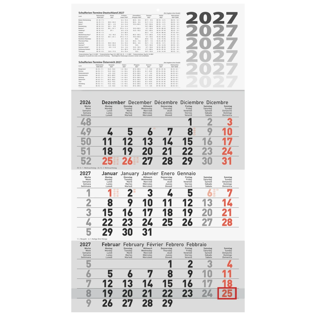 3-Monatskalender 2027 | 30×52 cm