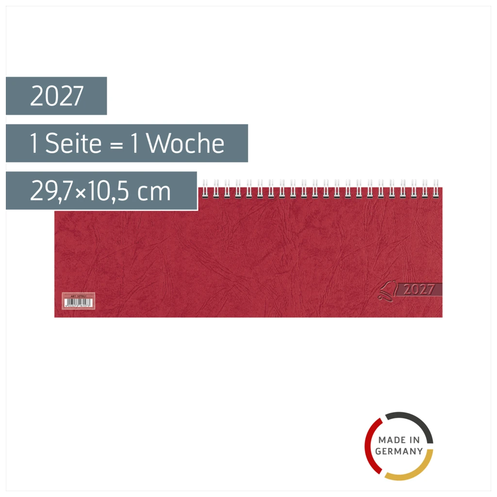 Querterminbuch 2027 | 29,7×10,5 cm, Karton, rot