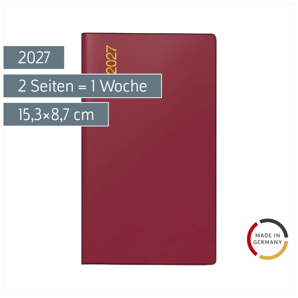 Taschenkalender Mod. TM 17/contacter 2027 | A6 quer, Kunststoff, bordeaux