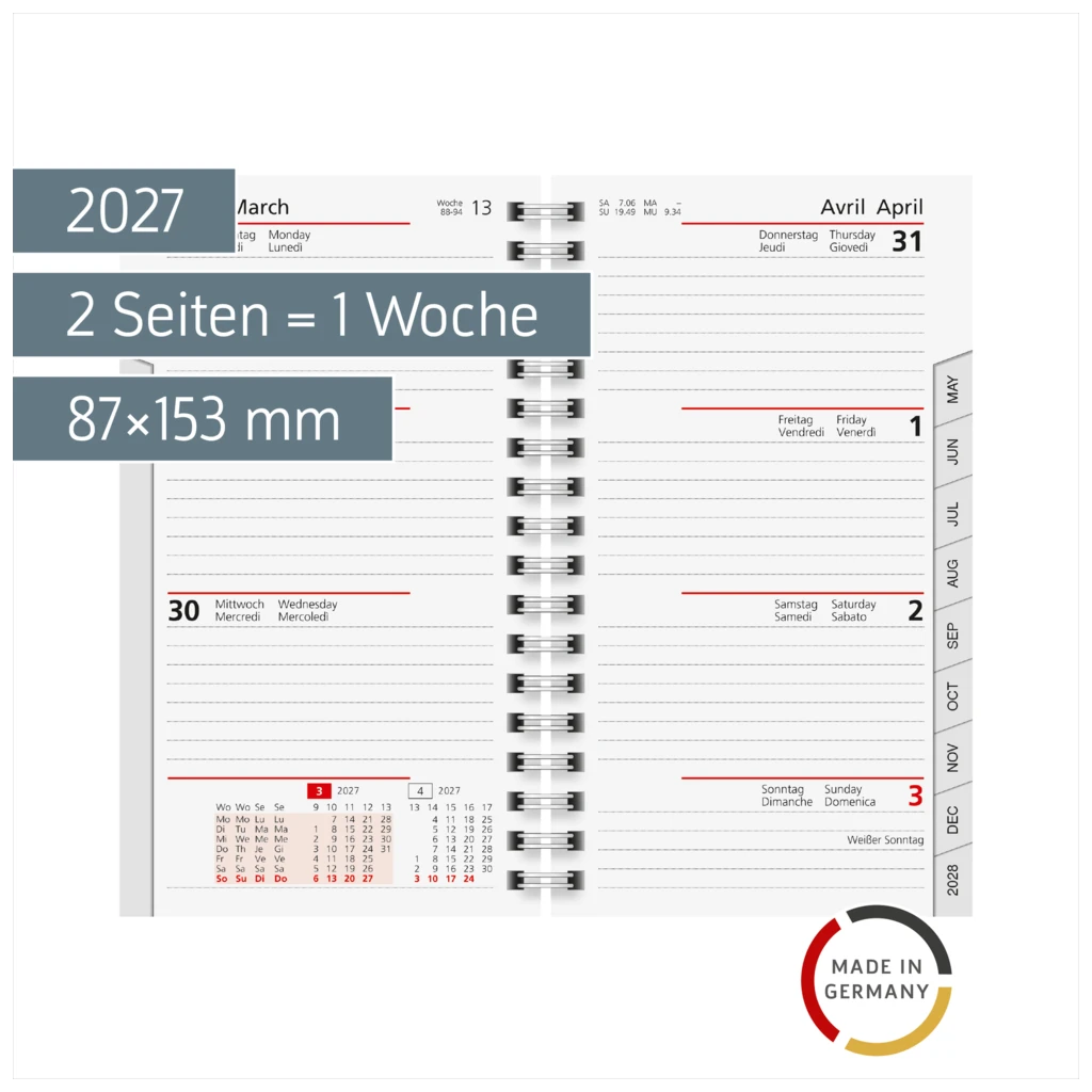 Wochen-Ersatzkalendarium Mod. Taschenplaner int. 2027 | 87×153 mm, Karton, weiß