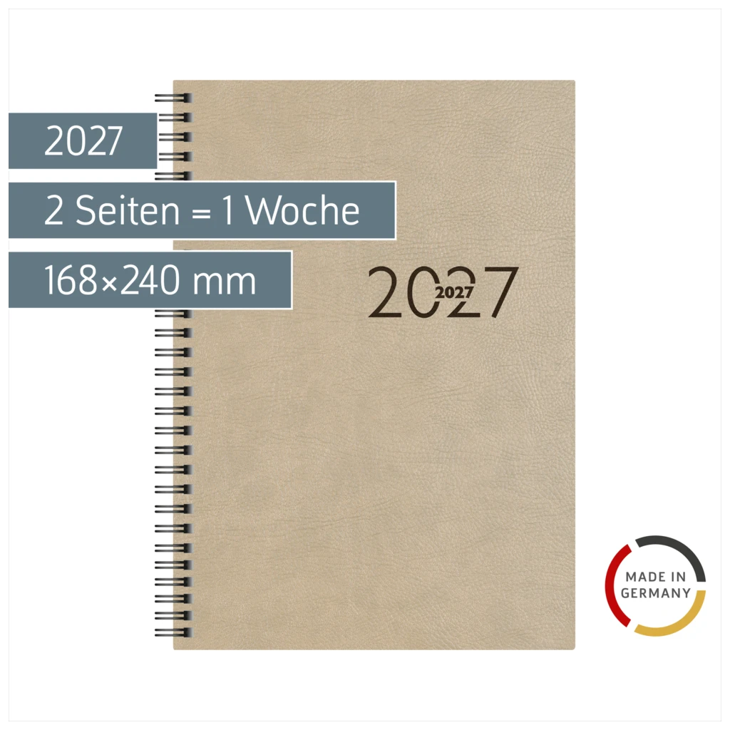 Buchkalender Mod. studioplan int. 2027 | 168×240 mm, Kunstleder, grau