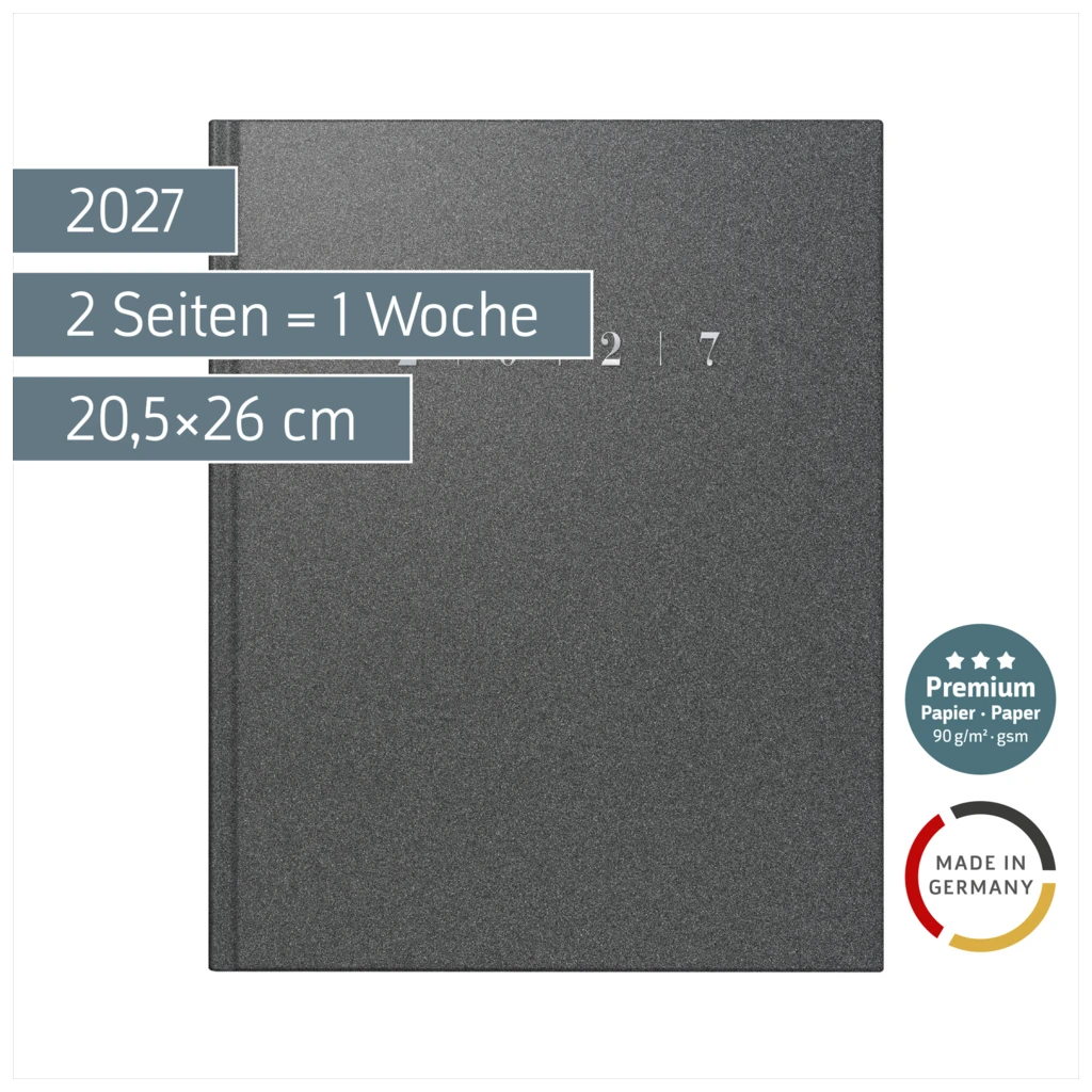 Buchkalender Premium Mod. Managerkalender TM 2027 | 20,5×26 cm, Kunststoff, grau