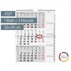 3-Monatskalender 2027 | grau, 30×39 cm