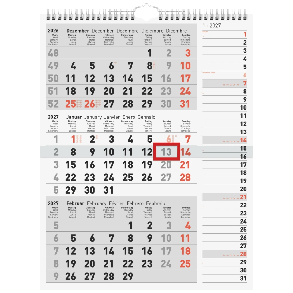 3-Monatskalender 2027 | grau, 30×39 cm