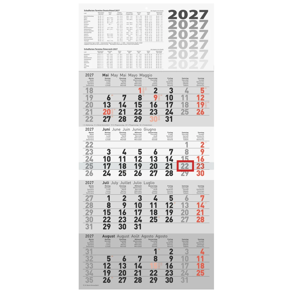 4-Monatskalender 2027 | grau, 30×63 cm