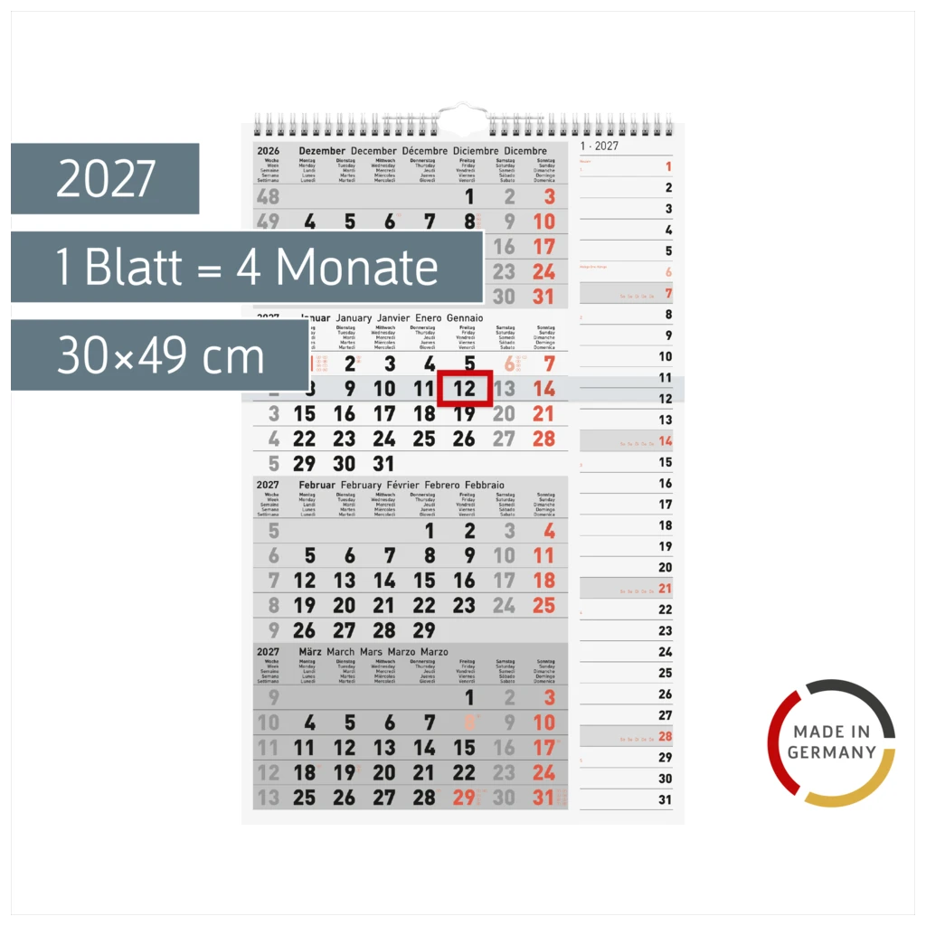 4-Monatskalender 2027 | grau, 30×49 cm