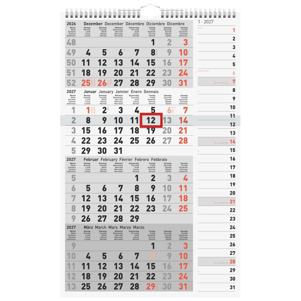 4-Monatskalender 2027 | grau, 30×49 cm