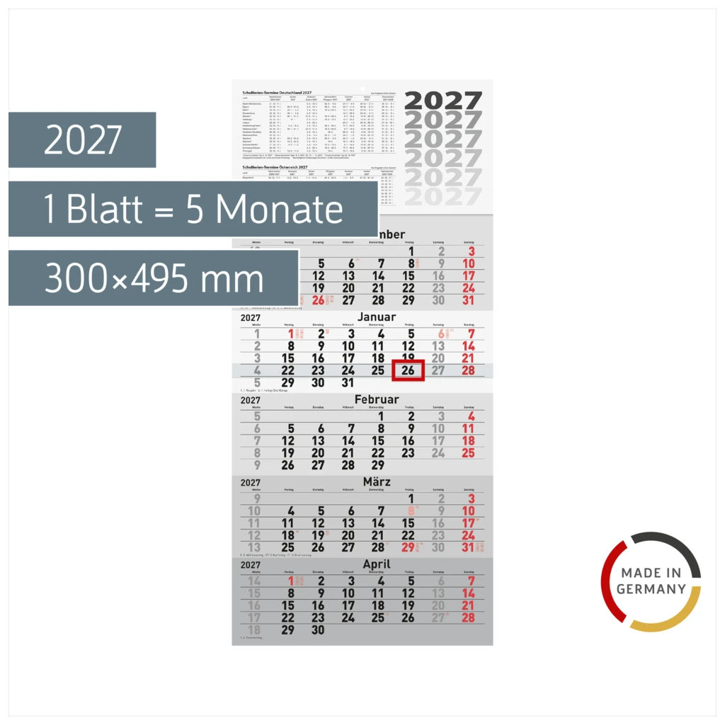 5-Monatskalender 2027 | grau, 300×630 mm