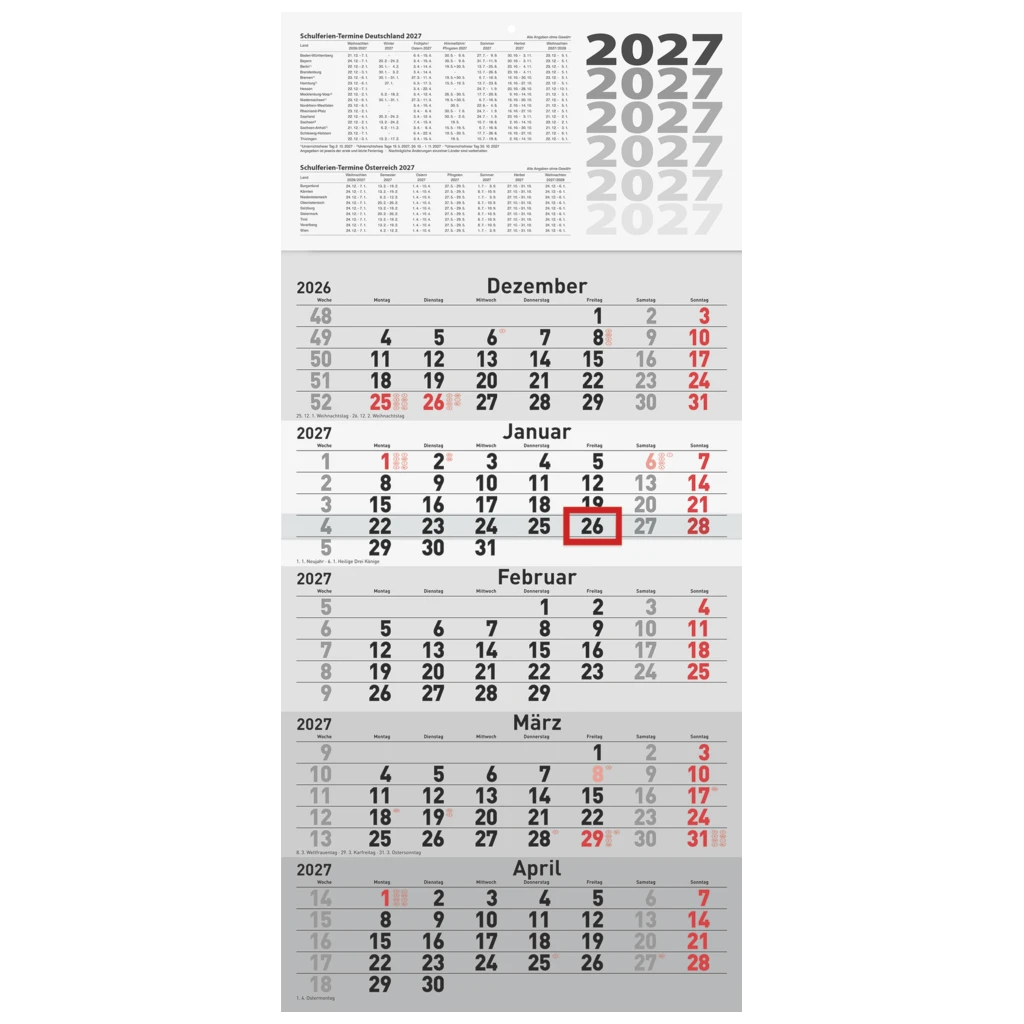 5-Monatskalender 2027 | grau, 30×63 cm