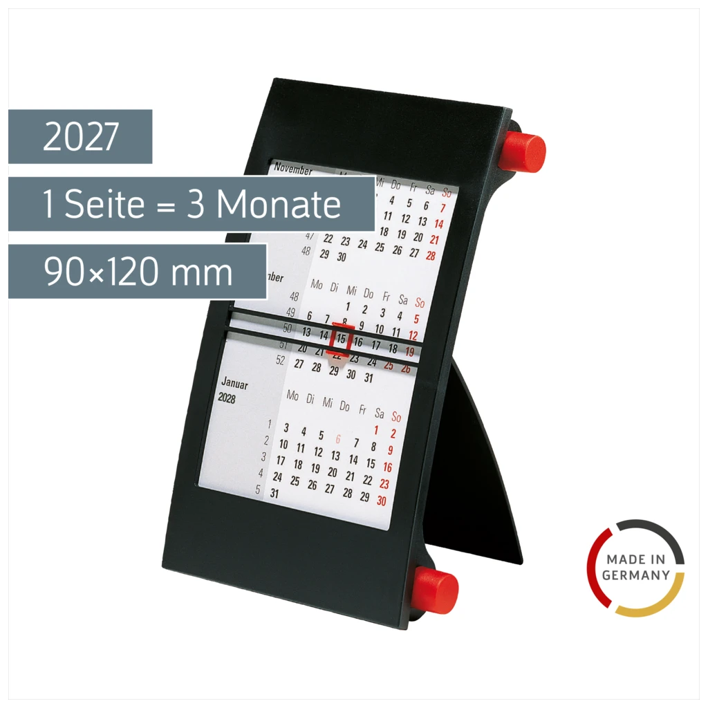 3-Monats-Tischkalender 2027 | 90×120 mm, rot/schwarz