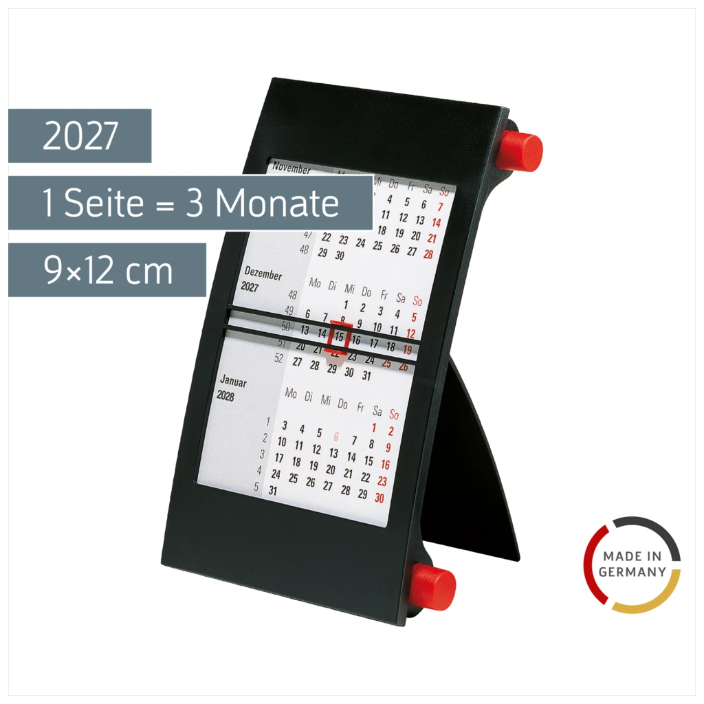 3-Monats-Tischkalender 2027 | 9×12 cm, rot/schwarz
