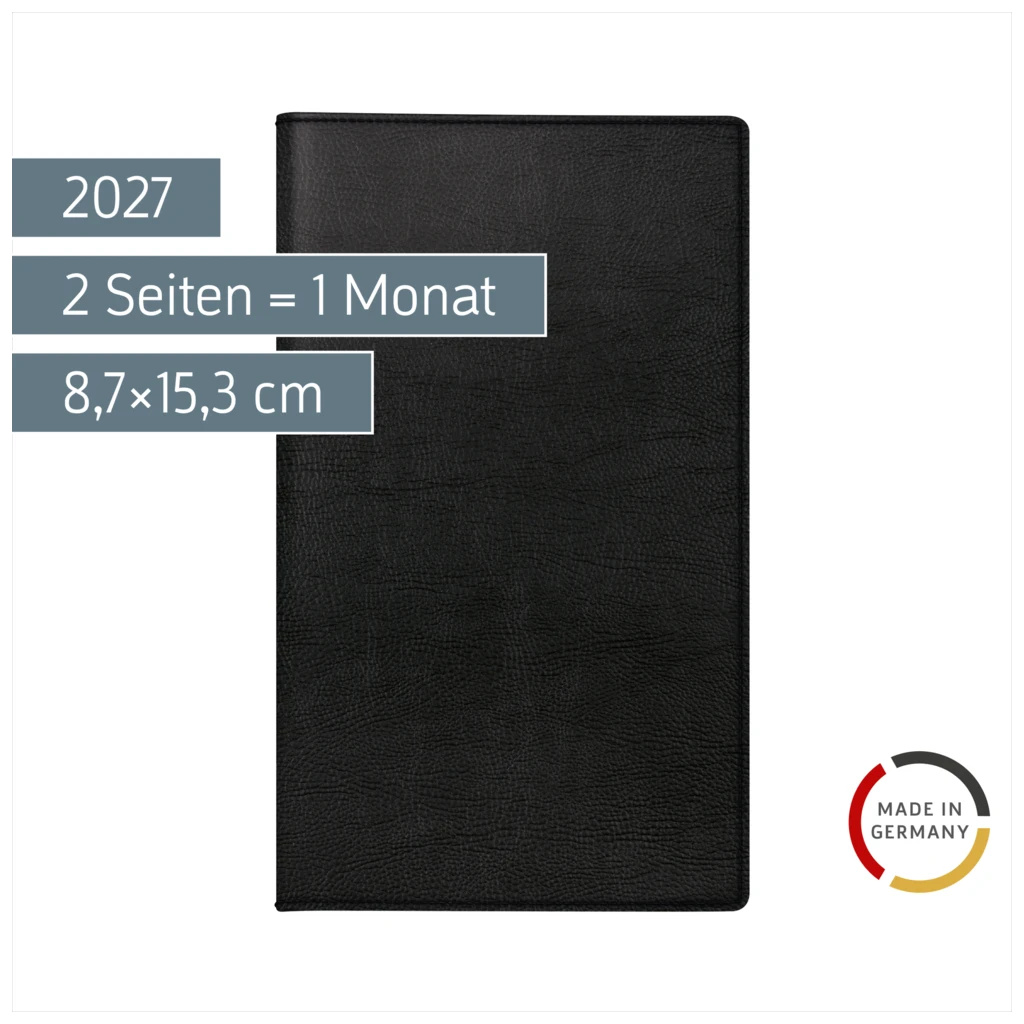 Taschenkalender Mod. Miniplaner d 15 2027 | A6, Kunstleder, schwarz