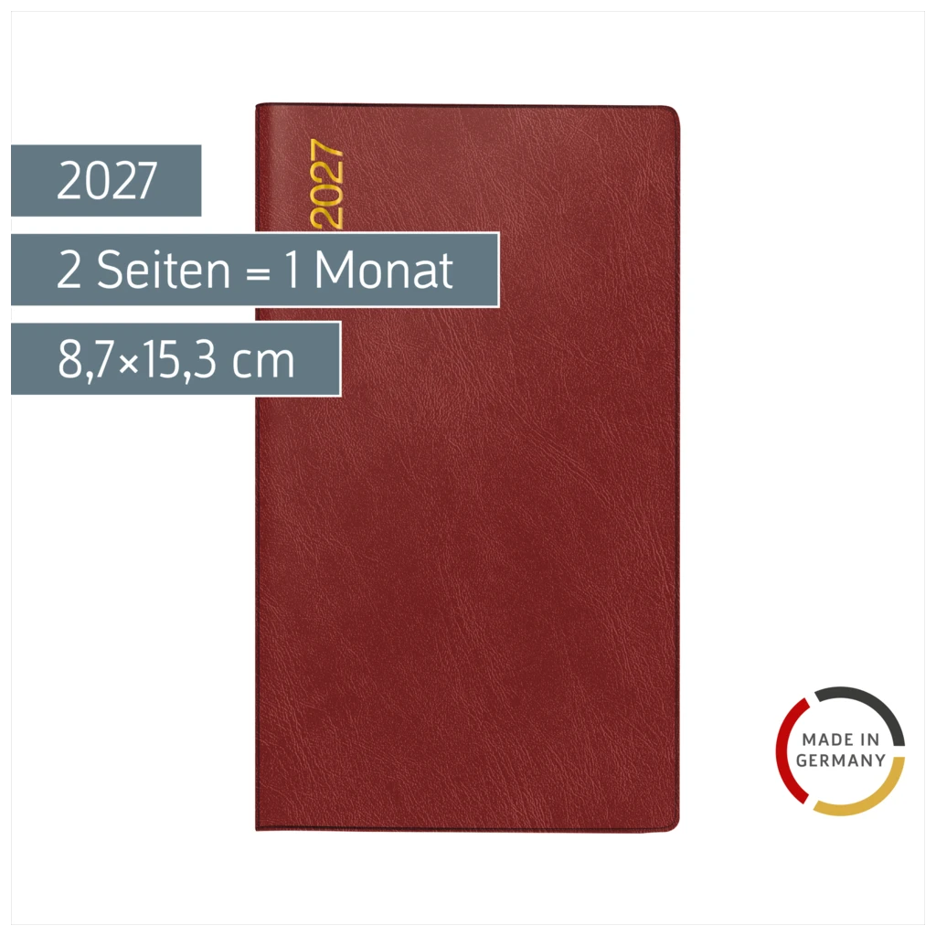 Taschenkalender Mod. Miniplaner d 15 2027 | A6, Kunststoff, weinrot