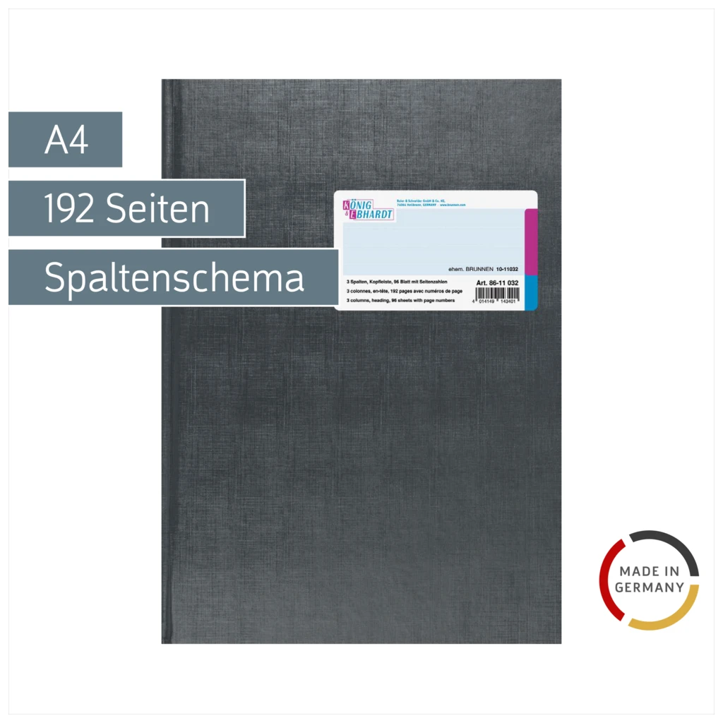 Spaltenbuch mit Kopfleiste | A4, 192 Seiten, mit Seitenzahlen, 3 Spalten, Kunststoff, grau