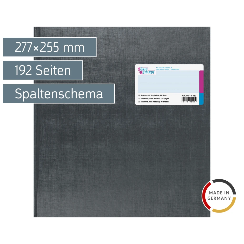 Vielzweckbuch mit Kopfleiste | 277×255 mm, 192 Seiten, 32 Spalten, Kunststoff, grau