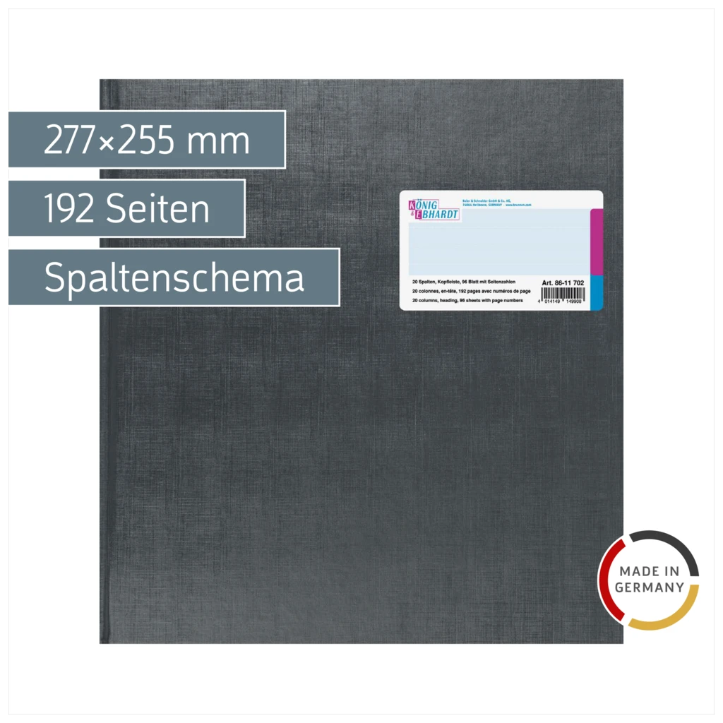Spaltenbuch mit Kopfleiste | 277×255 mm, 192 Seiten, mit Seitenzahlen, 20 Spalten, Kunststoff, grau