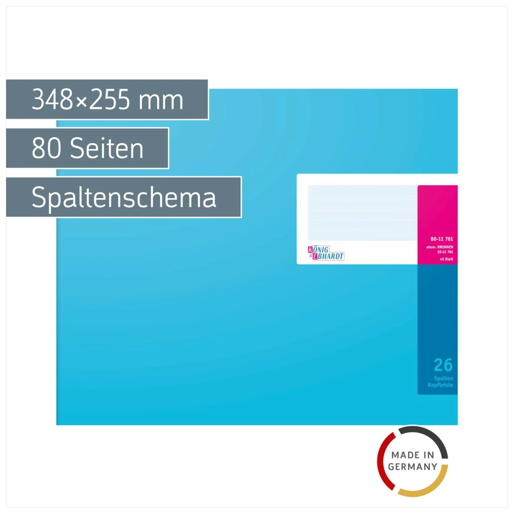 Spaltenbuch mit Kopfleiste | 348×255 mm, 80 Seiten, 26 Spalten, Karton, magenta/hellblau